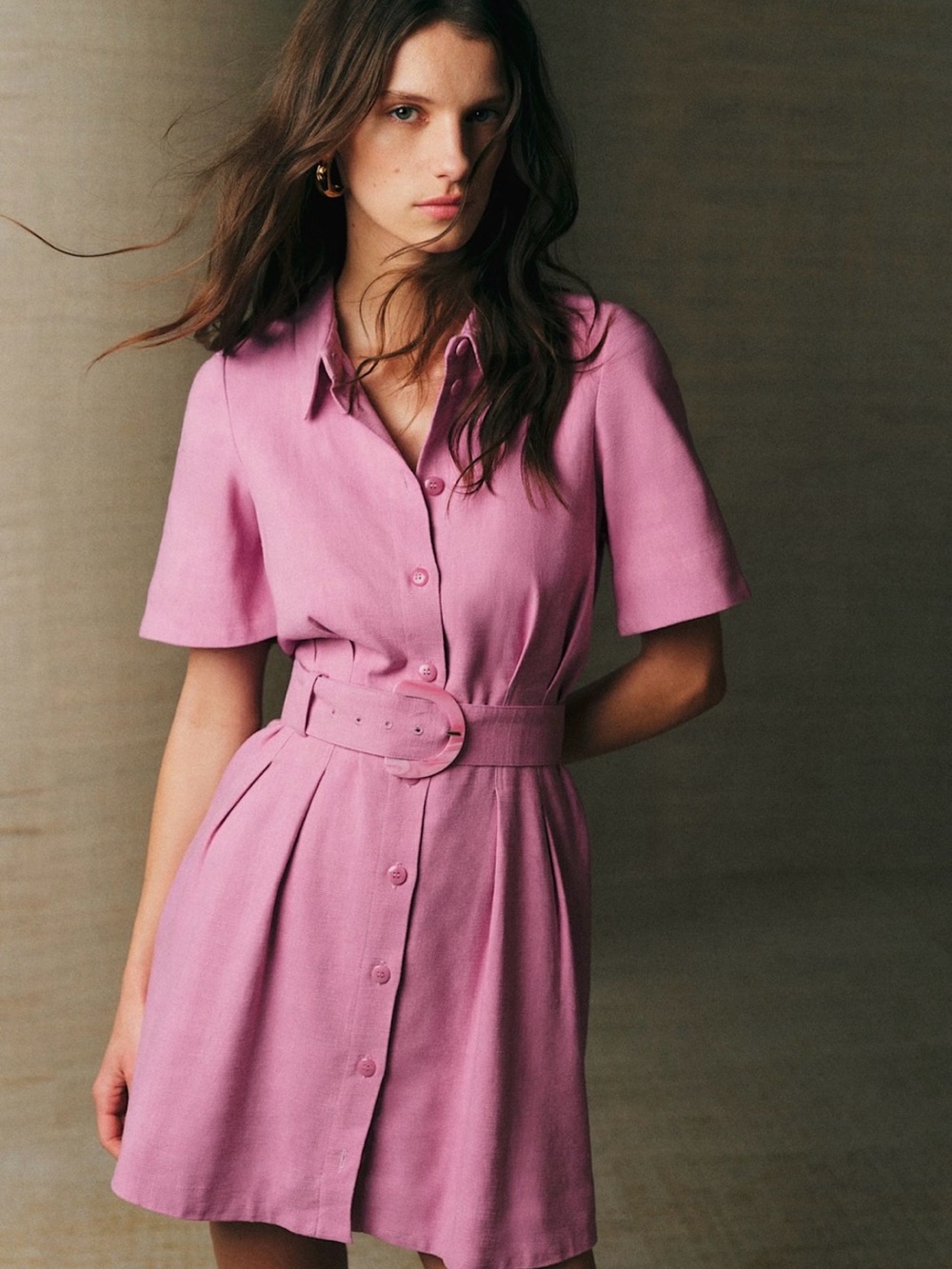 Sézane Gemma Lilac Short-Sleeve Shirt Dress with Belt